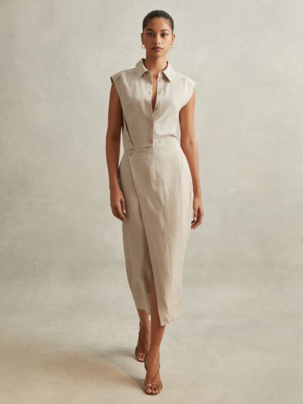 NWOT $330 sz 4 REISS Yasmin Linen Blend Summer Wrap Midi Dress Beige